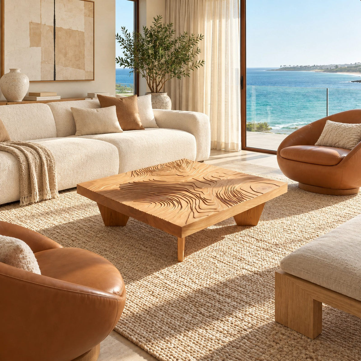 Artisan Carved Square Coffee Table With Ripple Top For Living Room