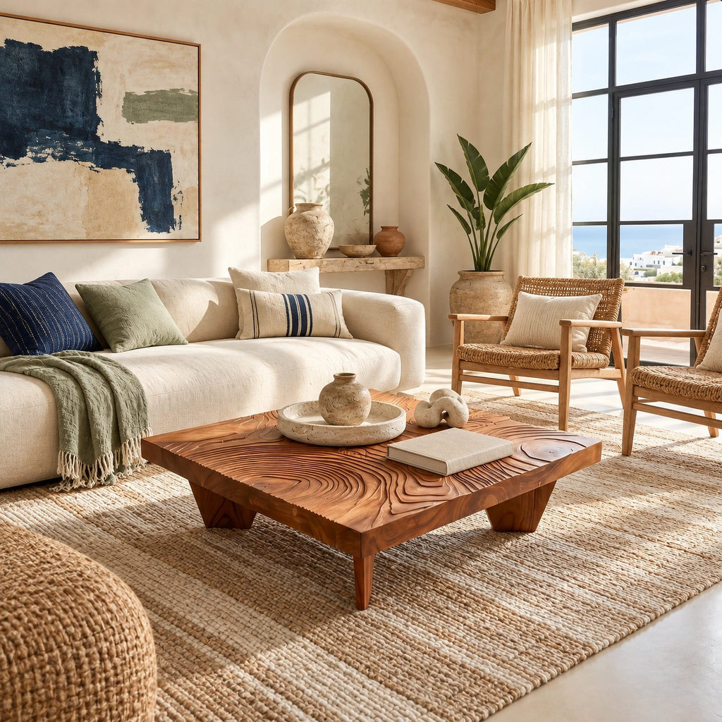 Artisan Carved Square Coffee Table With Ripple Top For Living Room