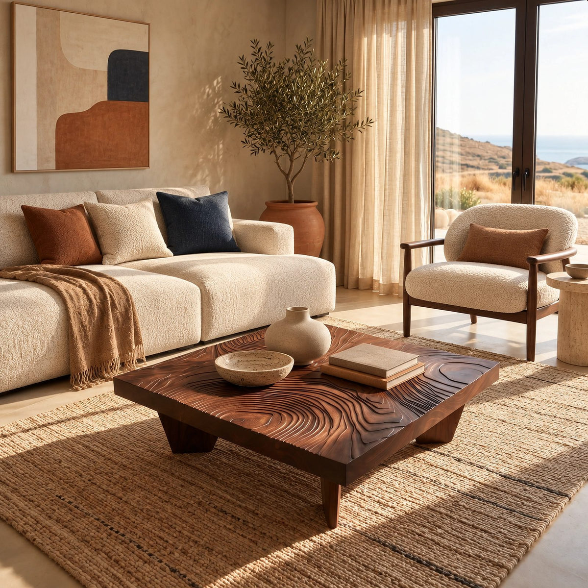 Artisan Carved Square Coffee Table With Ripple Top For Living Room