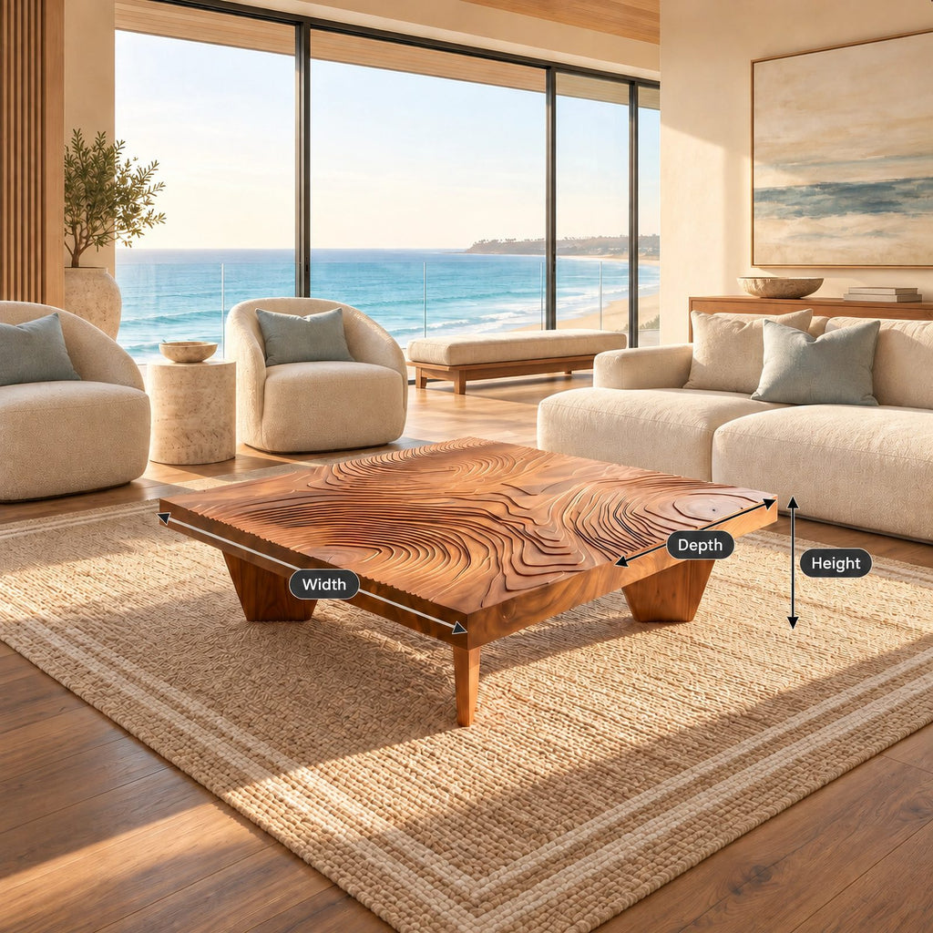 Artisan Carved Square Coffee Table With Ripple Top For Living Room