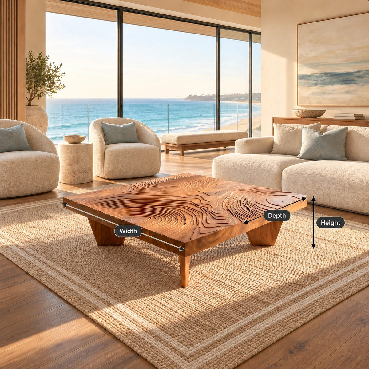 Artisan Carved Square Coffee Table With Ripple Top For Living Room