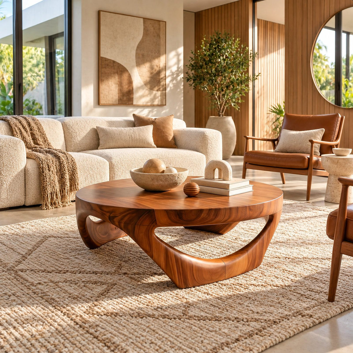 Retro Round Coffee Table With Triangular Loop Base For Living Room
