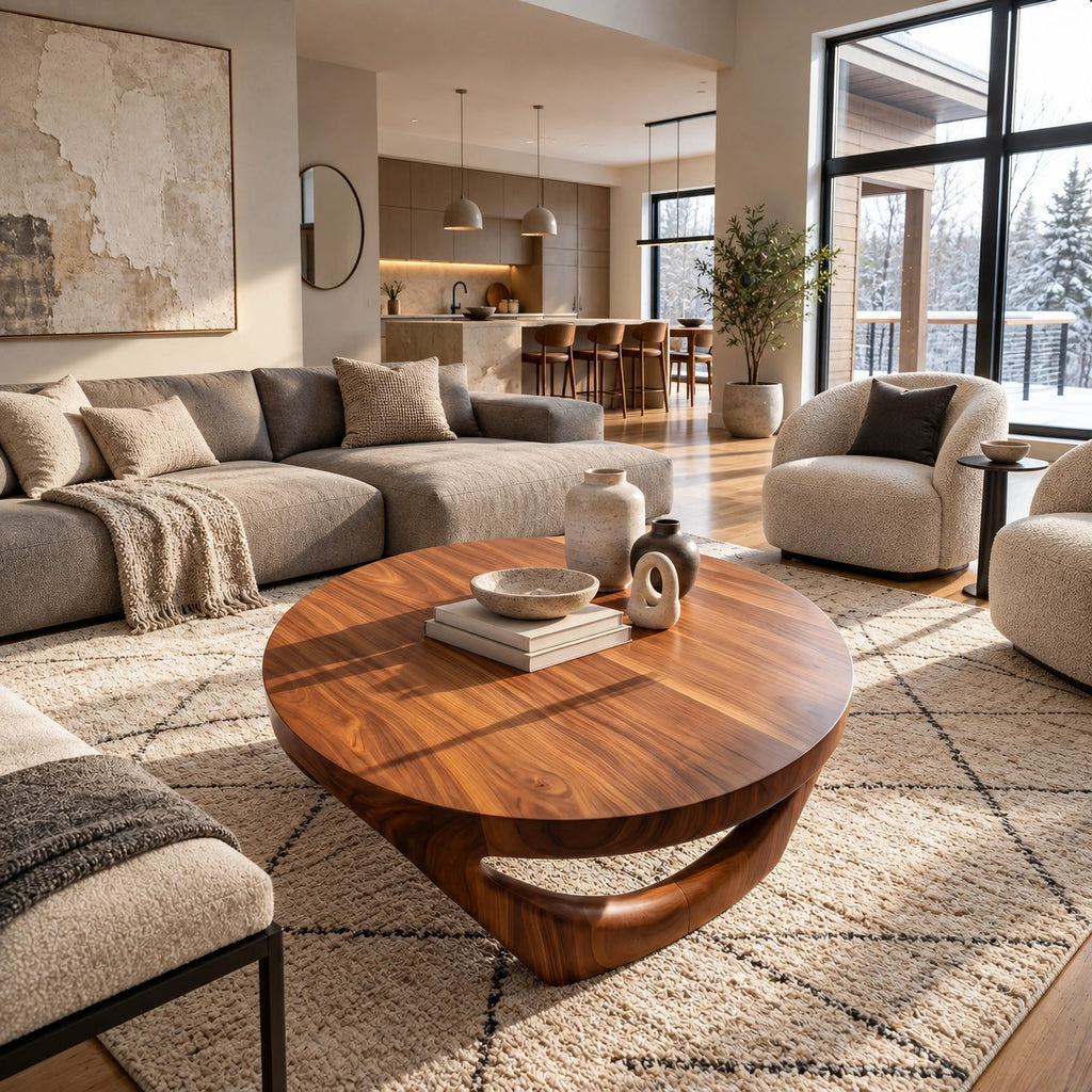 Retro Round Coffee Table With Triangular Loop Base For Living Room