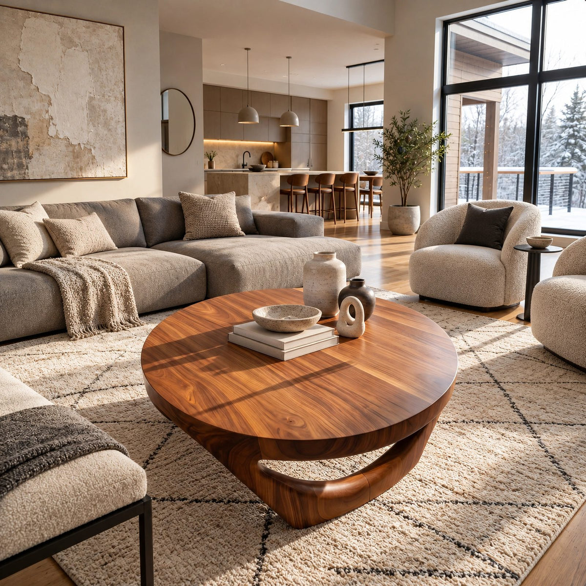 Retro Round Coffee Table With Triangular Loop Base For Living Room