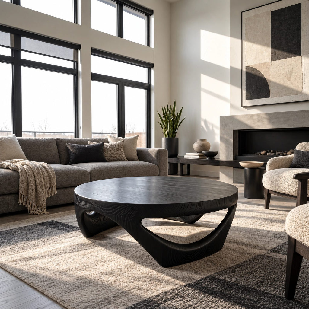 Retro Round Coffee Table With Triangular Loop Base For Living Room