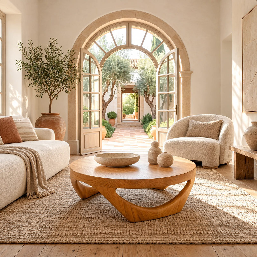 Retro Round Coffee Table With Triangular Loop Base For Living Room