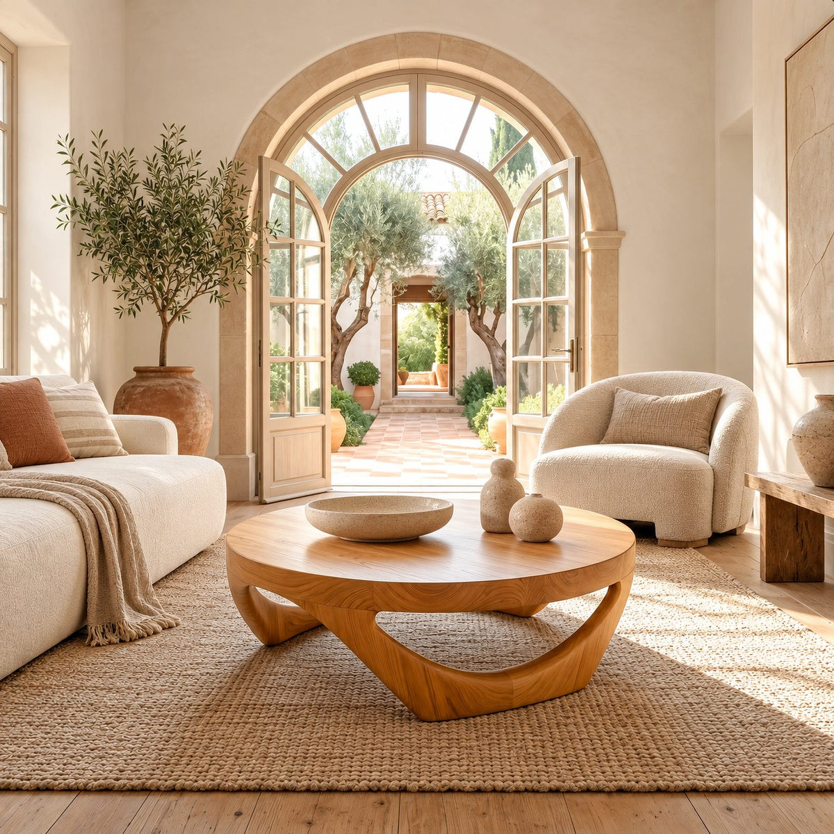 Retro Round Coffee Table With Triangular Loop Base For Living Room