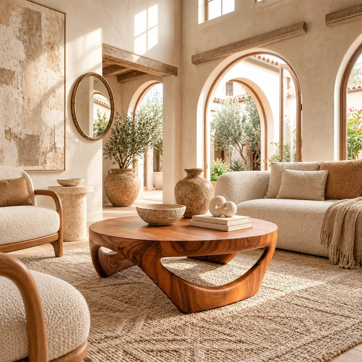 Retro Round Coffee Table With Triangular Loop Base For Living Room