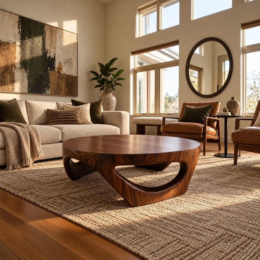 Retro Round Coffee Table With Triangular Loop Base For Living Room