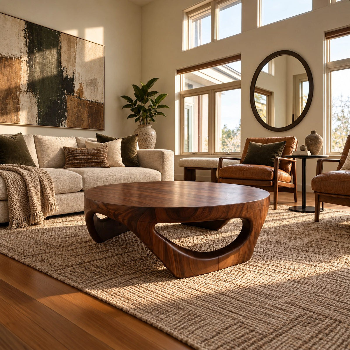 Retro Round Coffee Table With Triangular Loop Base For Living Room