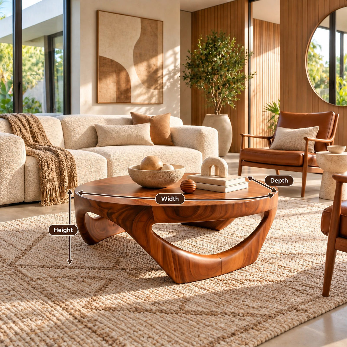 Retro Round Coffee Table With Triangular Loop Base For Living Room