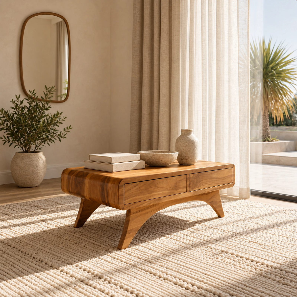 Handcrafted Solid Wood Coffee Table With 2 Drawers For Living Room