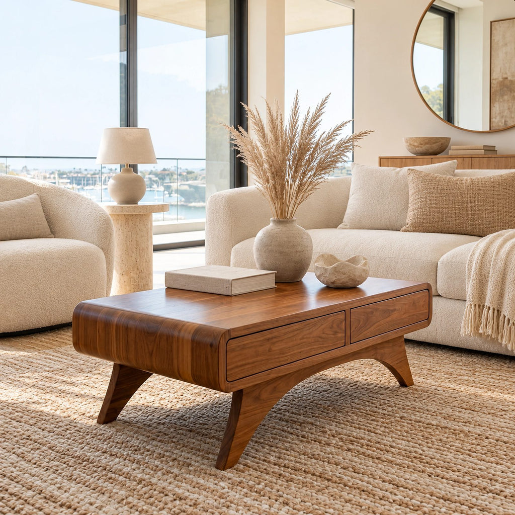 Handcrafted Solid Wood Coffee Table With 2 Drawers For Living Room