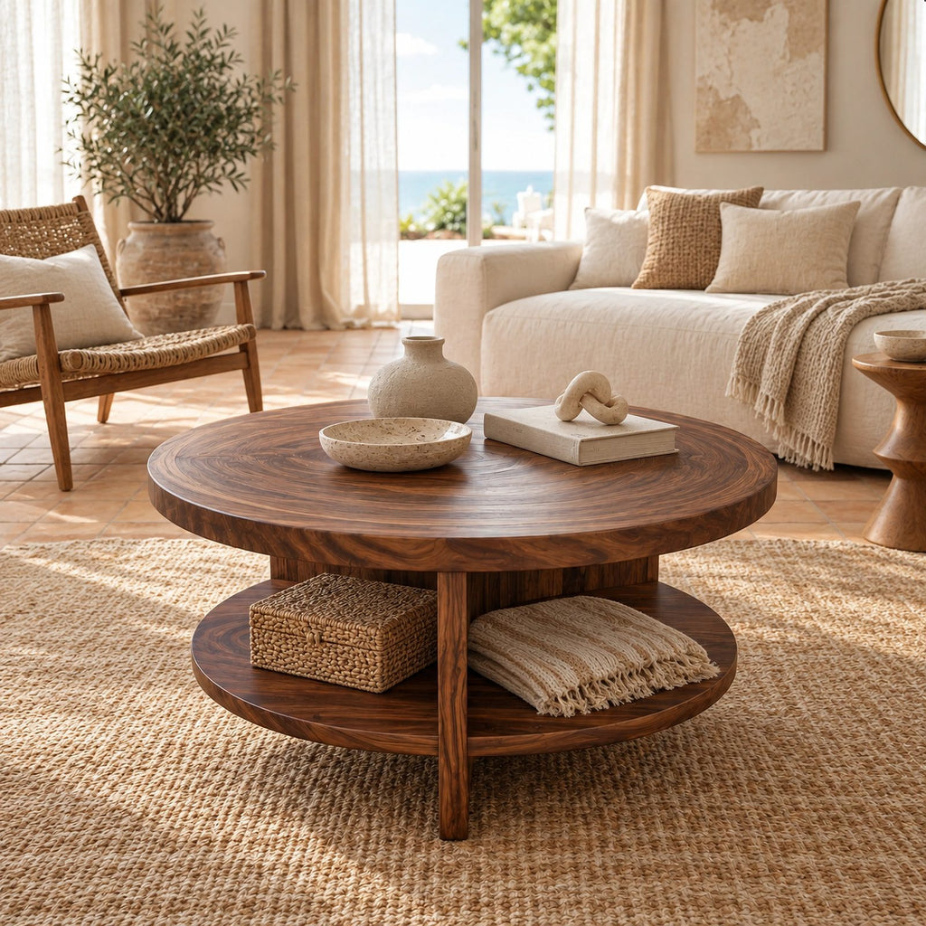 Coastal Round Wooden Coffee Table With Bottom Shelf For Living Room