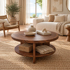 Coastal Round Wooden Coffee Table With Bottom Shelf For Living Room
