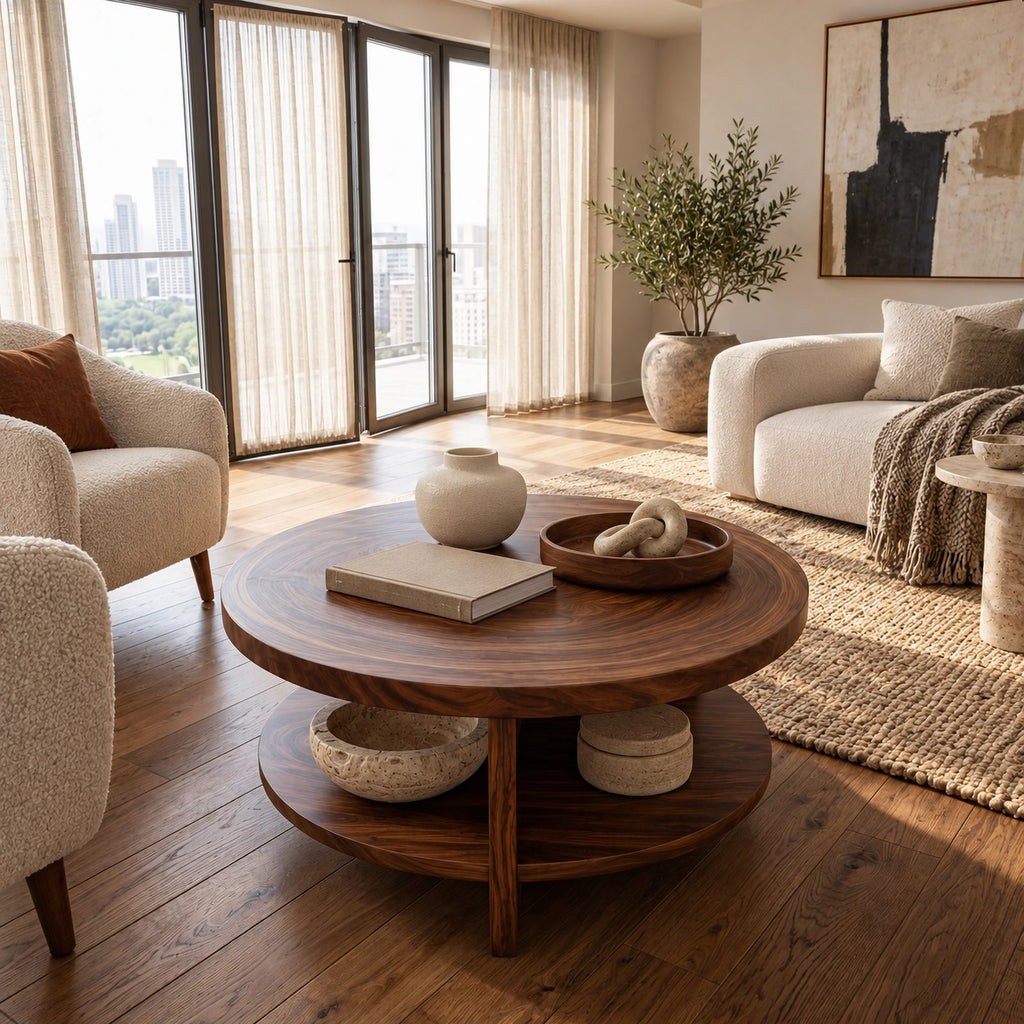 Coastal Round Wooden Coffee Table With Bottom Shelf For Living Room