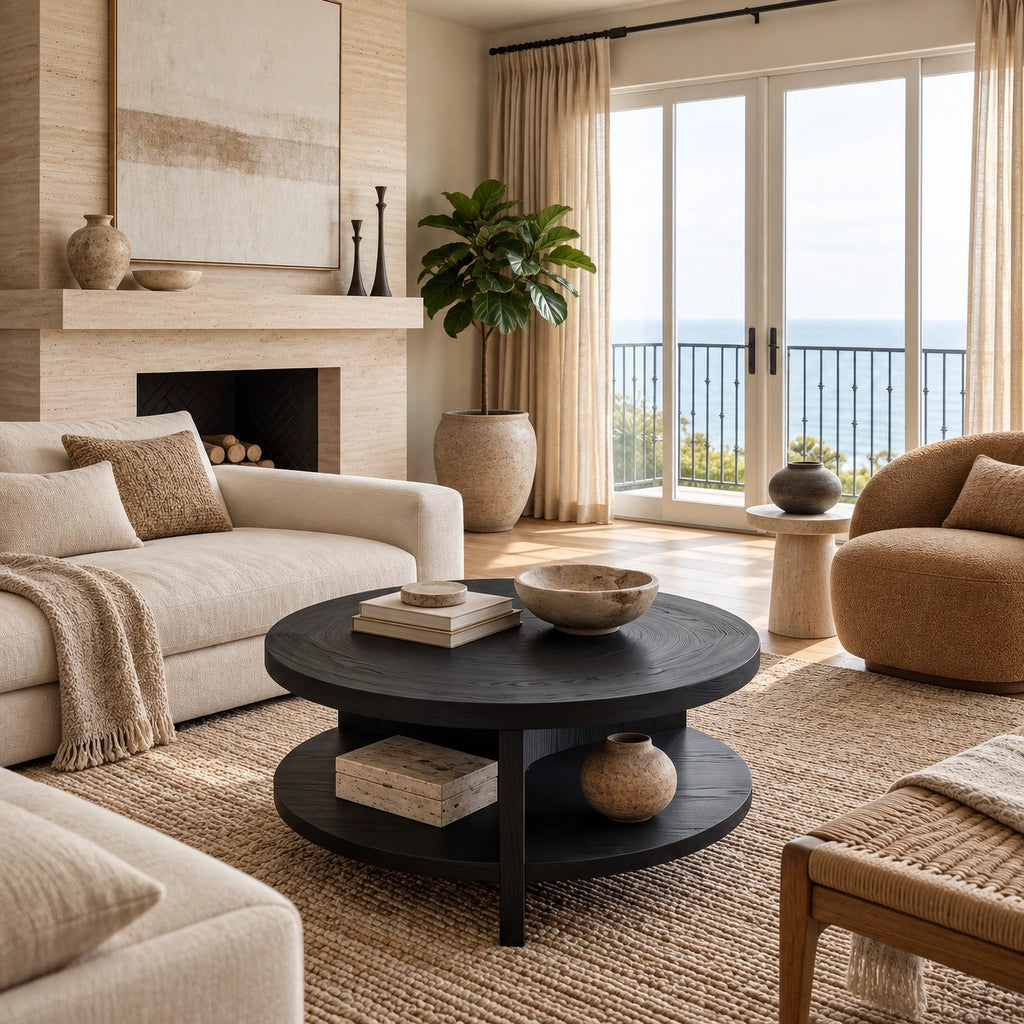 Coastal Round Wooden Coffee Table With Bottom Shelf For Living Room