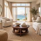 Coastal Round Wooden Coffee Table With Bottom Shelf For Living Room