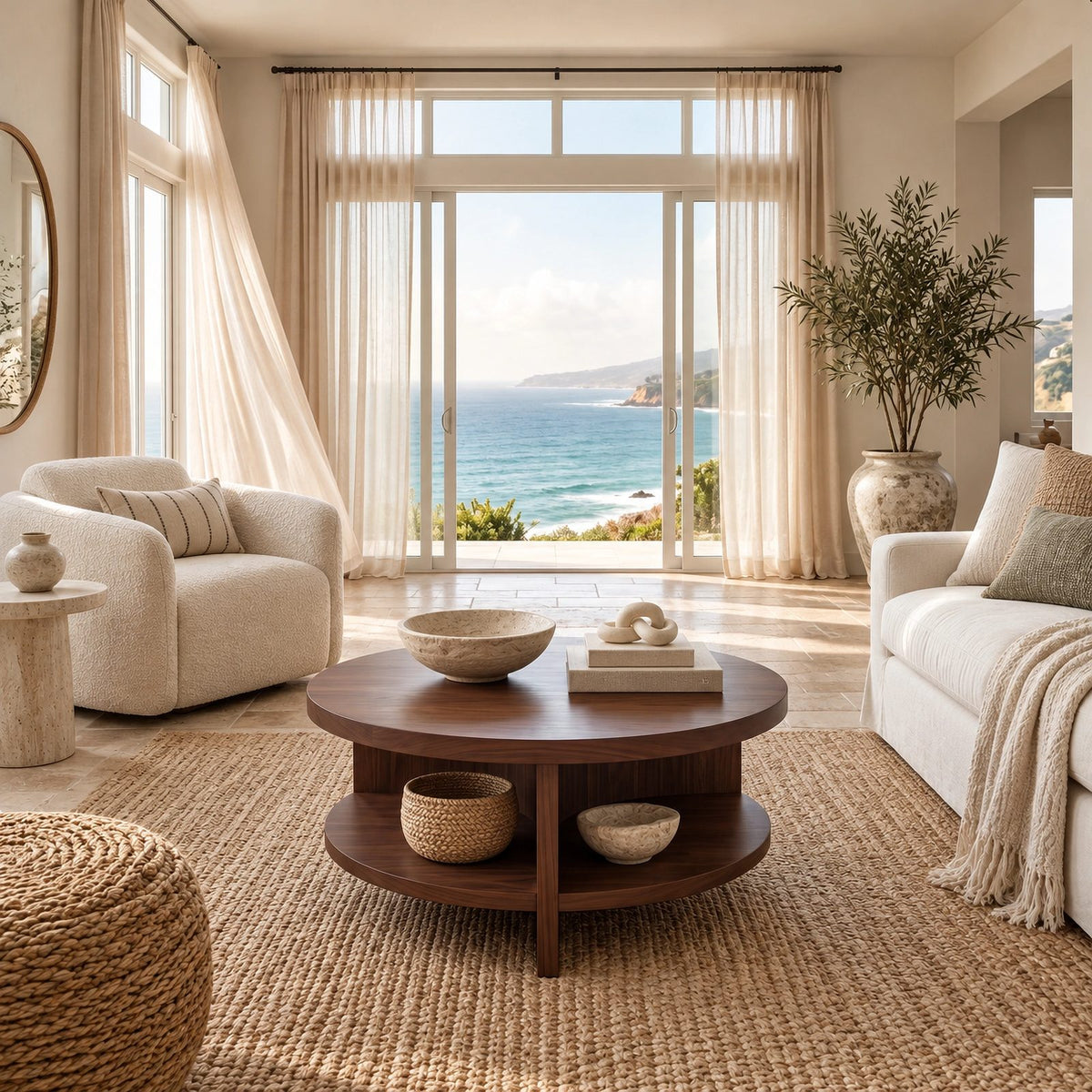 Coastal Round Wooden Coffee Table With Bottom Shelf For Living Room