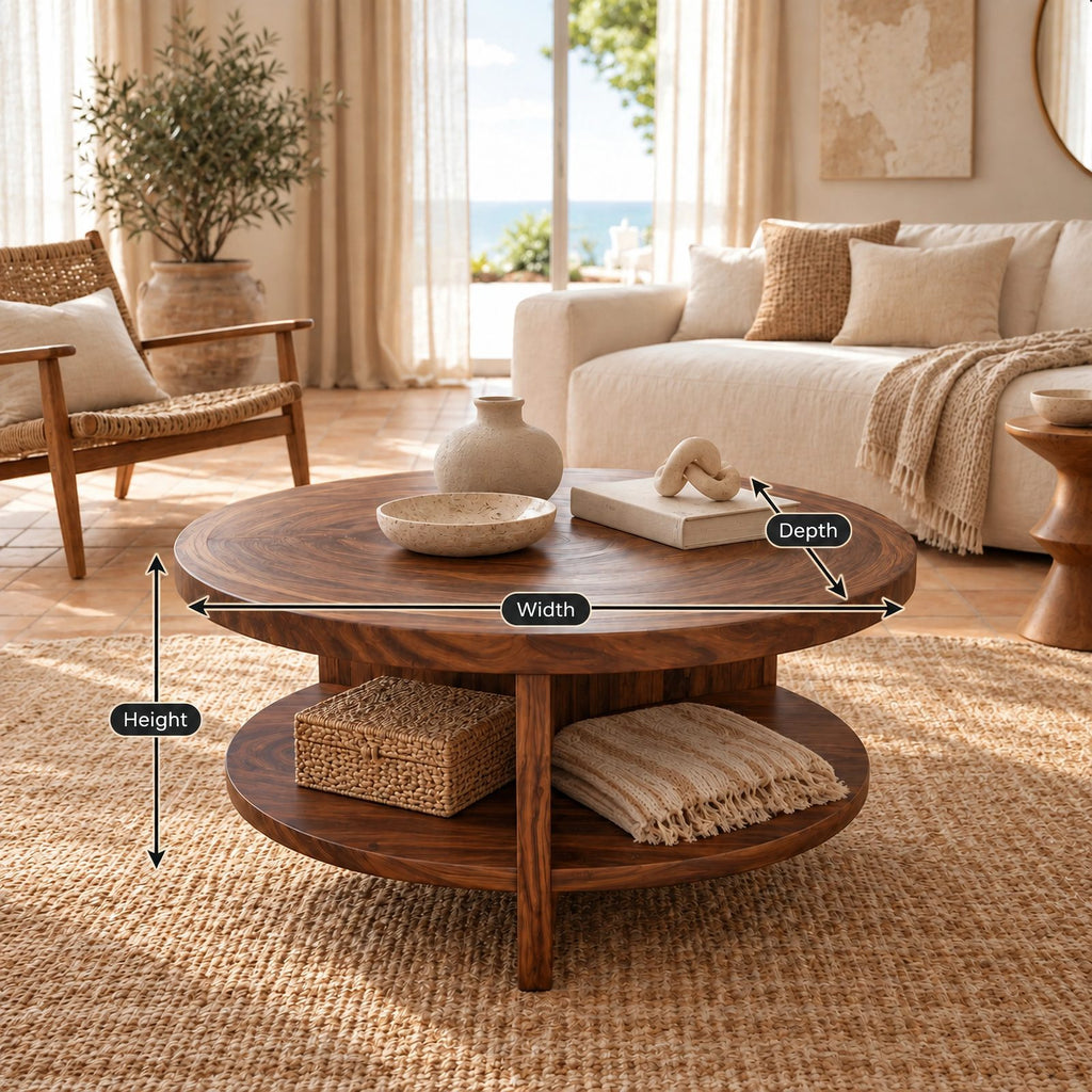 Coastal Round Wooden Coffee Table With Bottom Shelf For Living Room