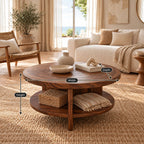 Coastal Round Wooden Coffee Table With Bottom Shelf For Living Room