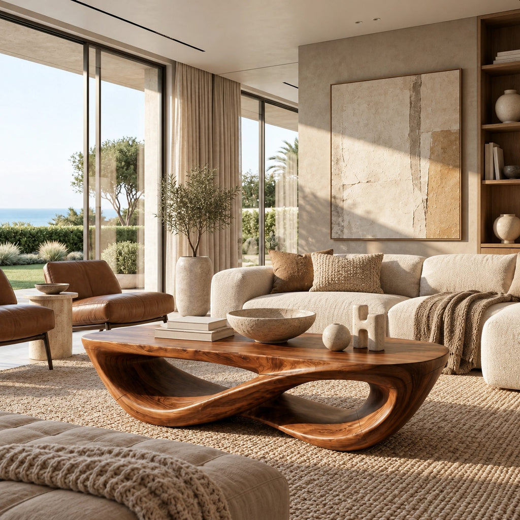 Sculptural Curved Wood Coffee Table With Double Loop Base For Living Room