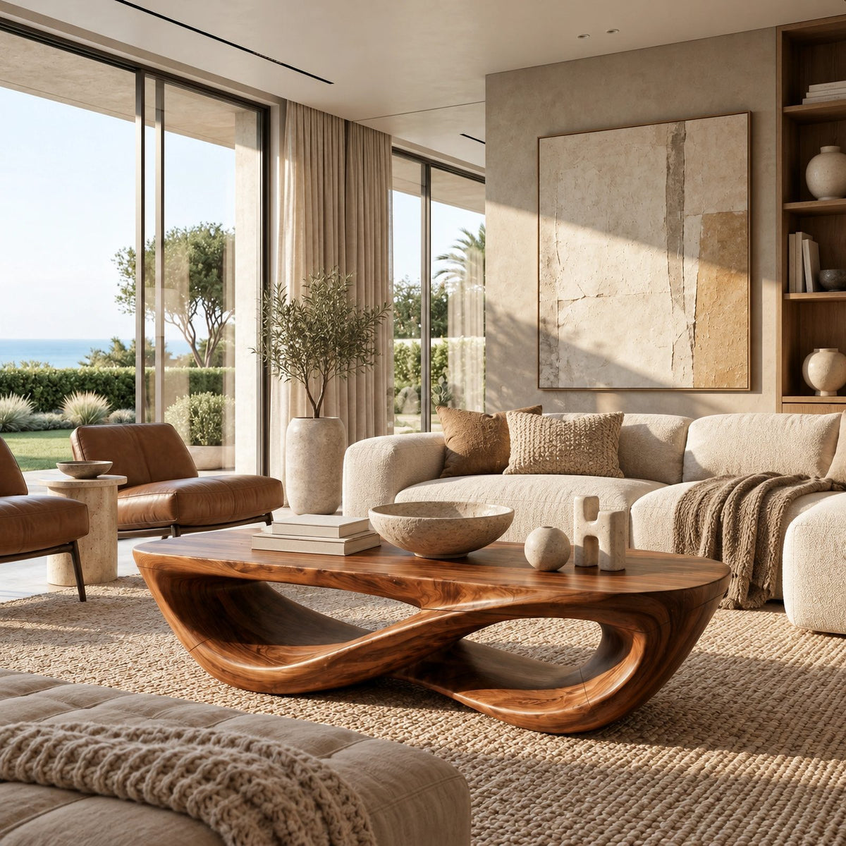 Sculptural Curved Wood Coffee Table With Double Loop Base For Living Room
