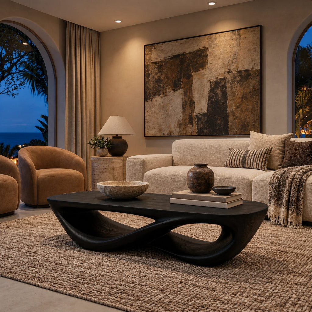 Sculptural Curved Wood Coffee Table With Double Loop Base For Living Room