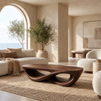 Sculptural Curved Wood Coffee Table With Double Loop Base For Living Room