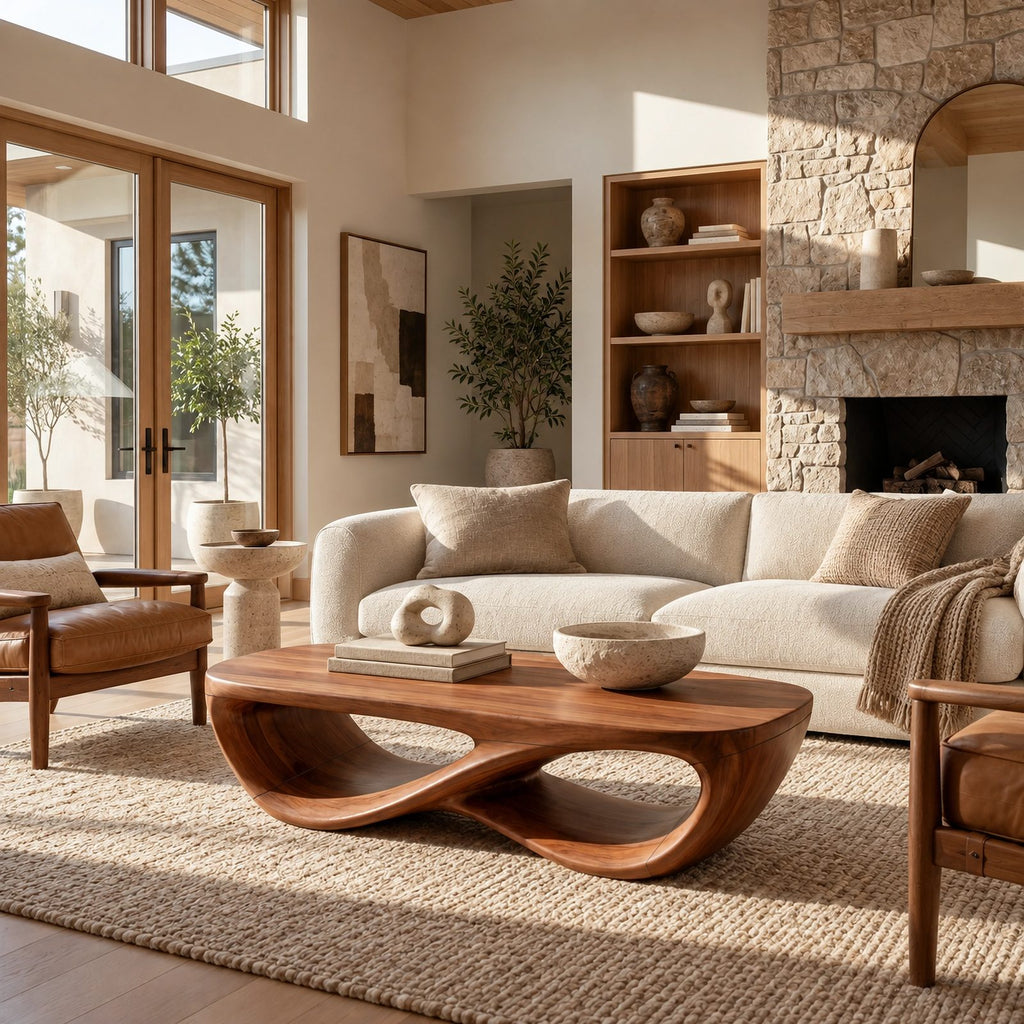 Sculptural Curved Wood Coffee Table With Double Loop Base For Living Room