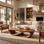Sculptural Curved Wood Coffee Table With Double Loop Base For Living Room