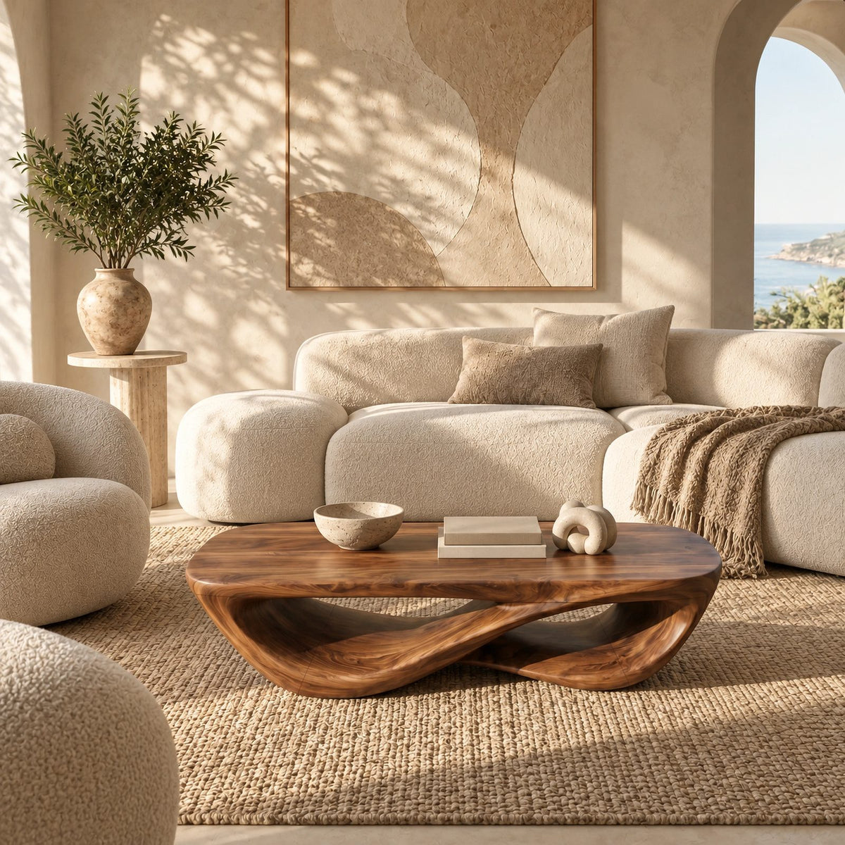 Sculptural Curved Wood Coffee Table With Double Loop Base For Living Room
