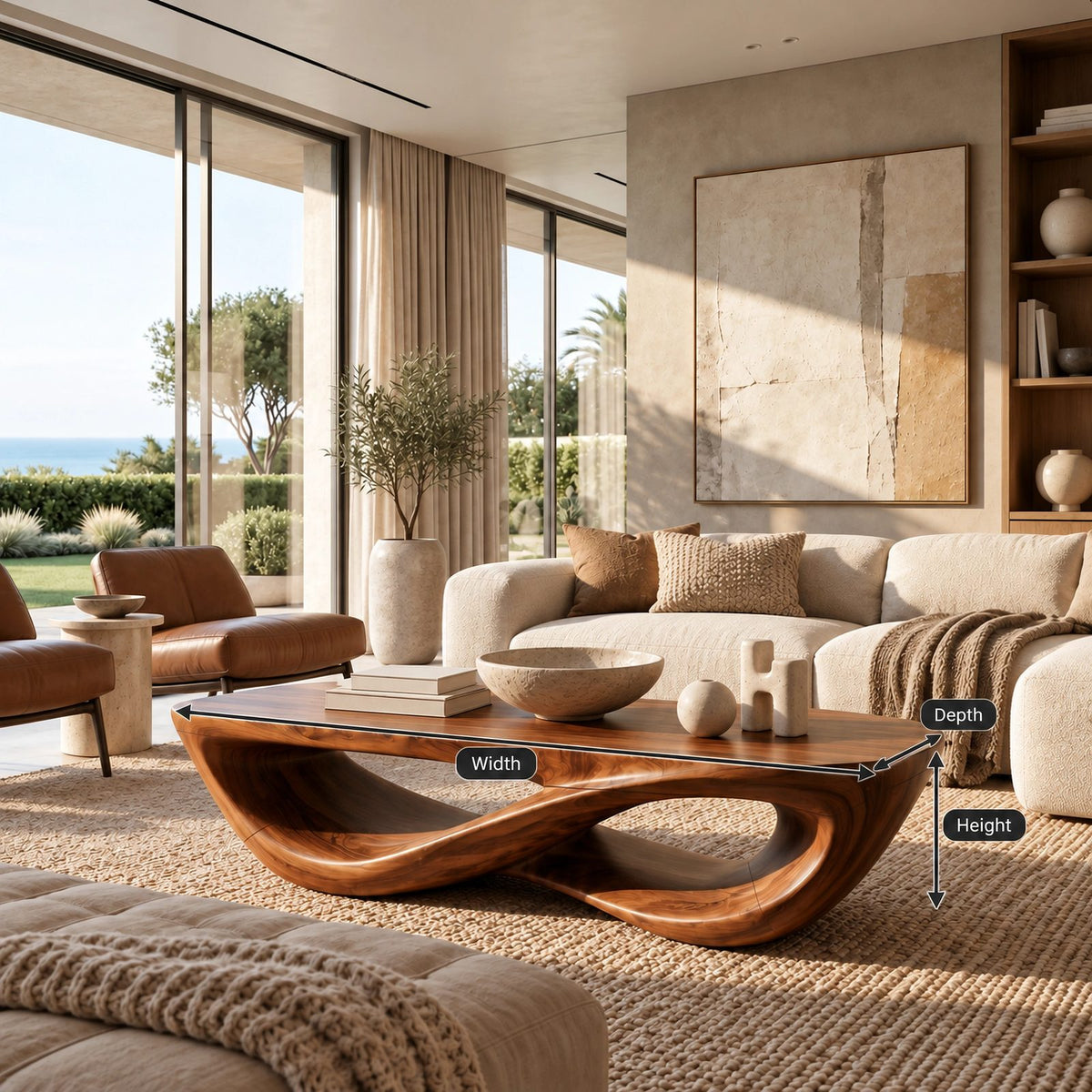Sculptural Curved Wood Coffee Table With Double Loop Base For Living Room