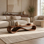 Minimalist Ribbon Wood Coffee Table With Undulating Base For Living Room