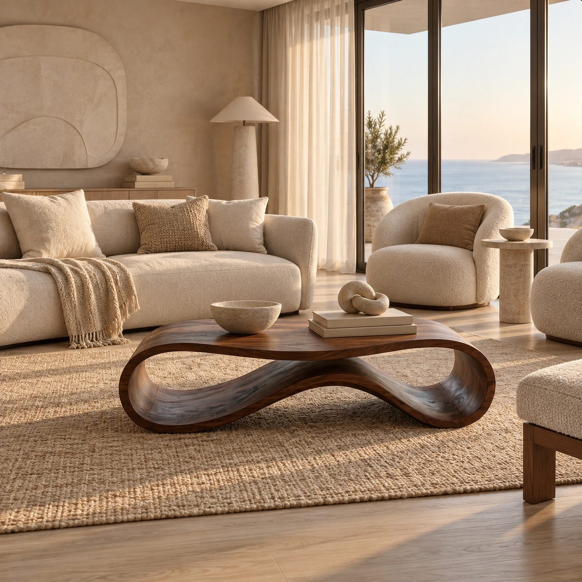 Minimalist Ribbon Wood Coffee Table With Undulating Base For Living Room