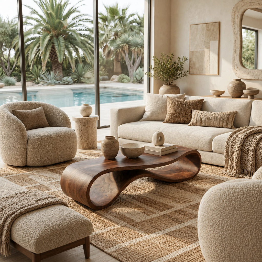 Minimalist Ribbon Wood Coffee Table With Undulating Base For Living Room