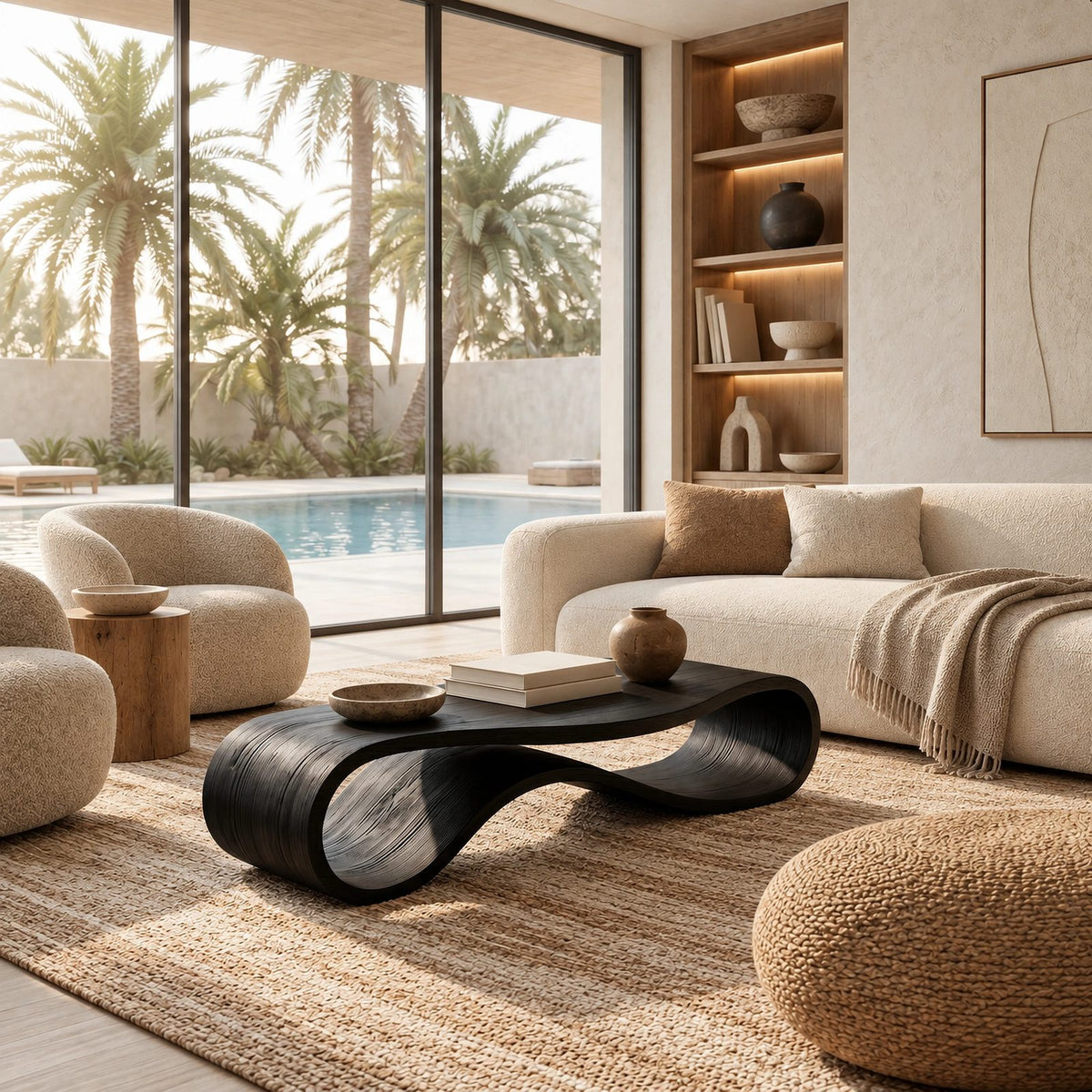 Minimalist Ribbon Wood Coffee Table With Undulating Base For Living Room