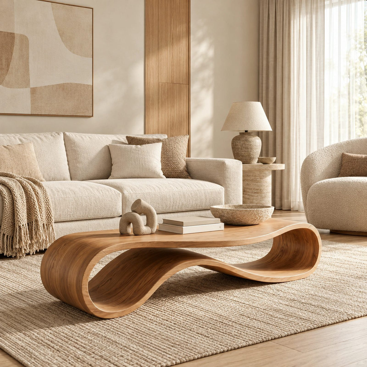 Minimalist Ribbon Wood Coffee Table With Undulating Base For Living Room