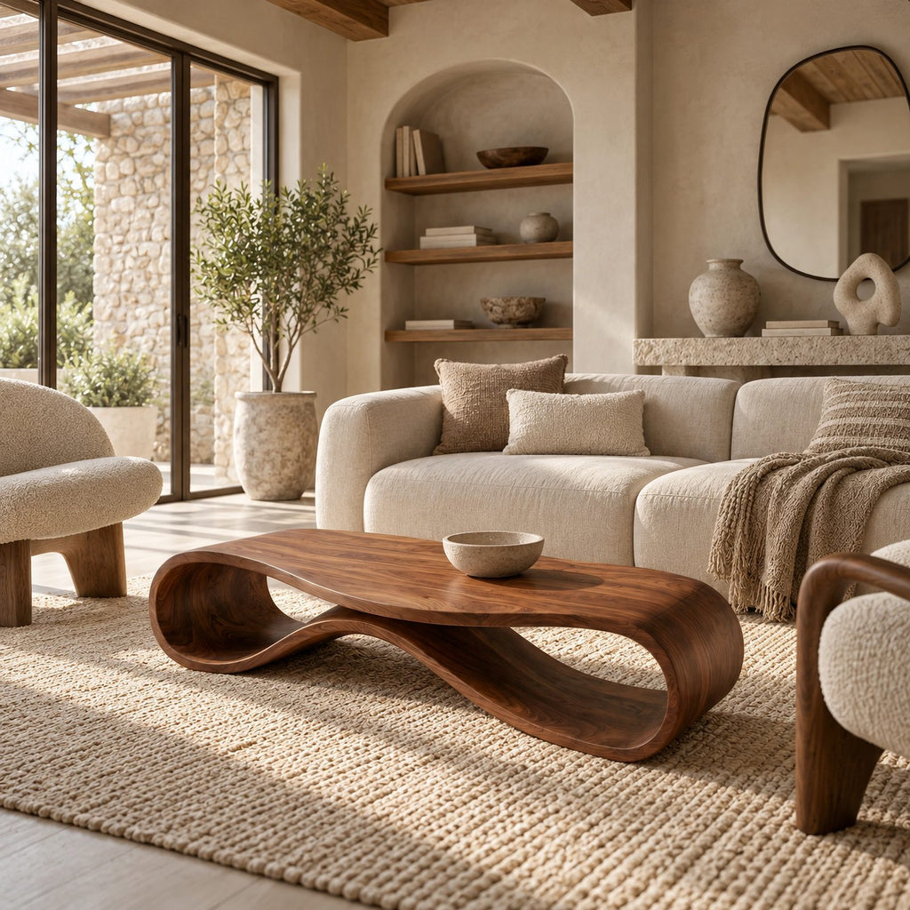 Minimalist Ribbon Wood Coffee Table With Undulating Base For Living Room