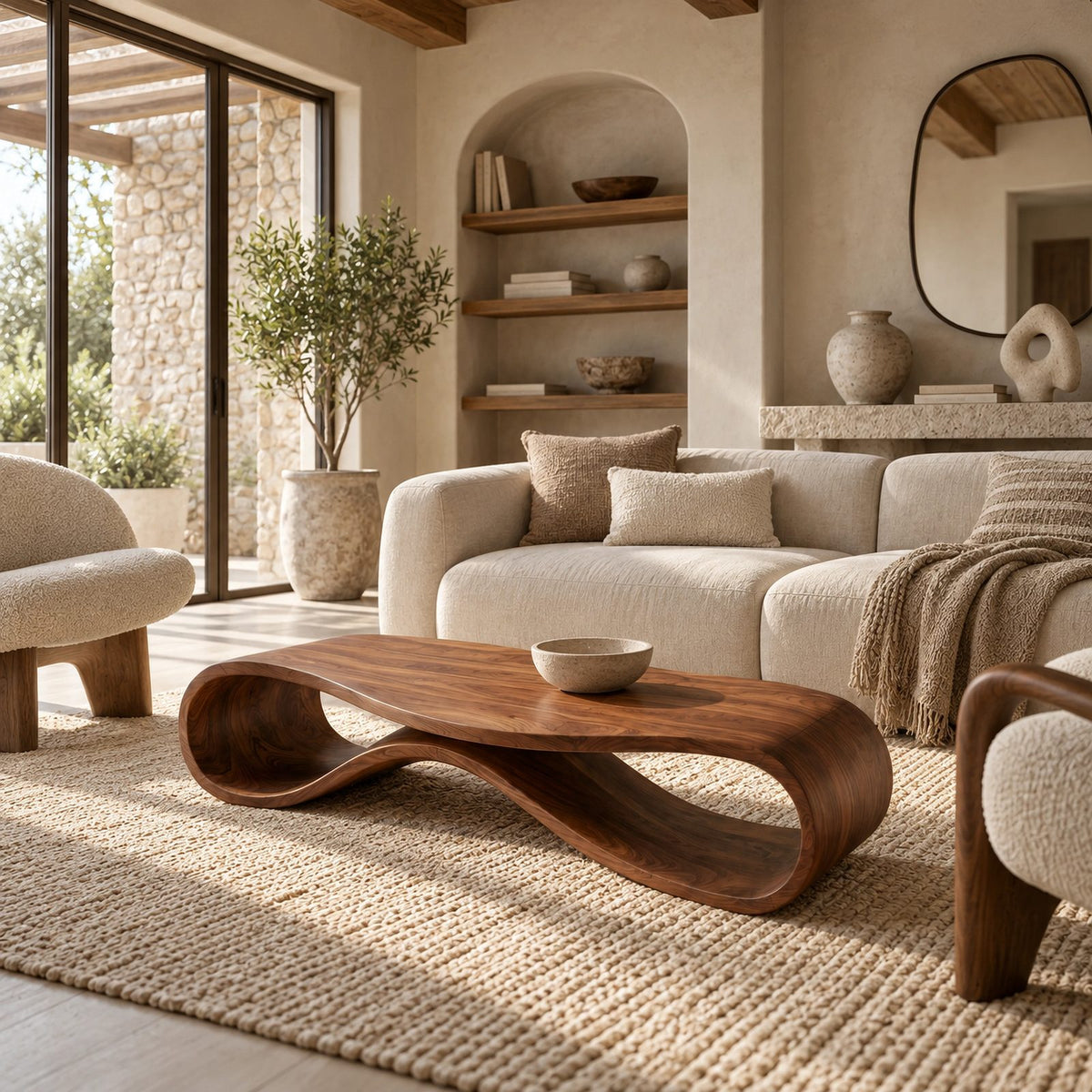Minimalist Ribbon Wood Coffee Table With Undulating Base For Living Room