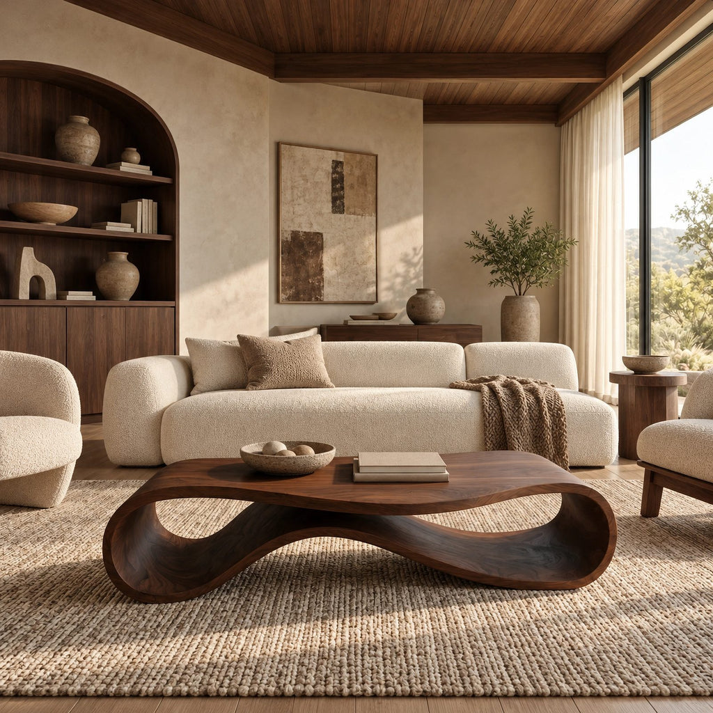 Minimalist Ribbon Wood Coffee Table With Undulating Base For Living Room