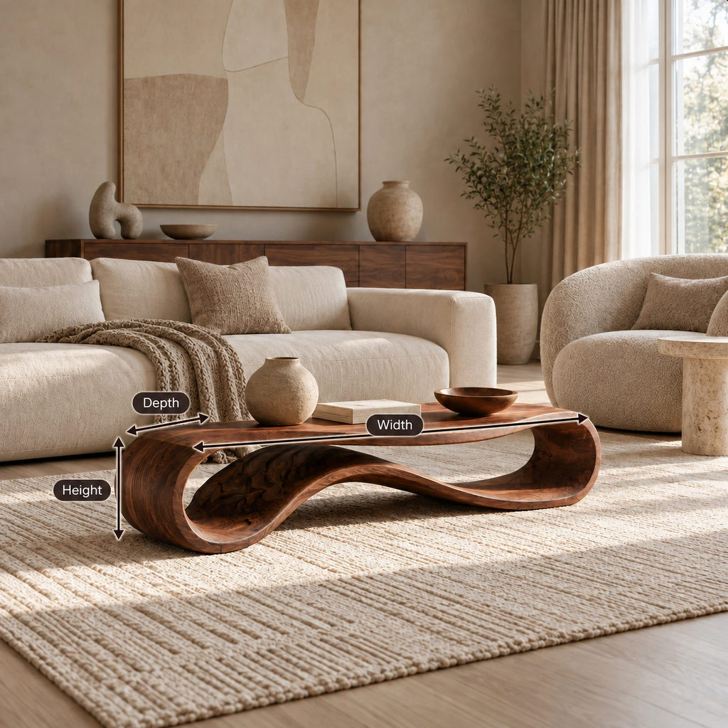 Minimalist Ribbon Wood Coffee Table With Undulating Base For Living Room
