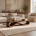 Minimalist Ribbon Wood Coffee Table With Undulating Base For Living Room
