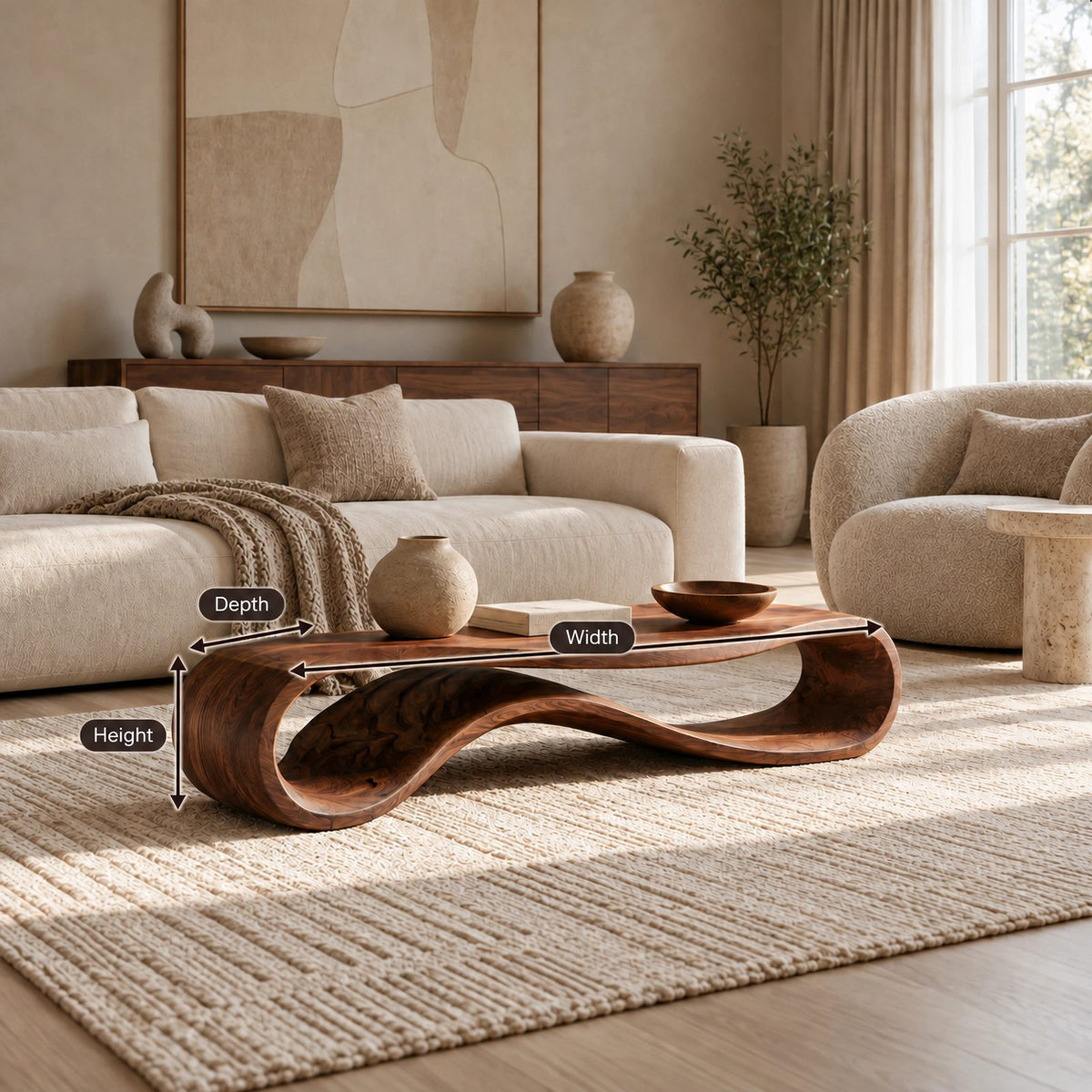 Minimalist Ribbon Wood Coffee Table With Undulating Base For Living Room