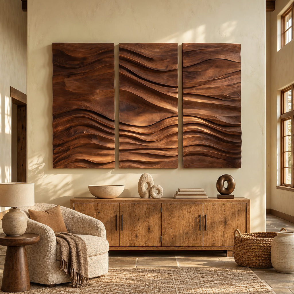 Textured Carved Wood Wall Art With 3 Wave Relief Panels For Entryway