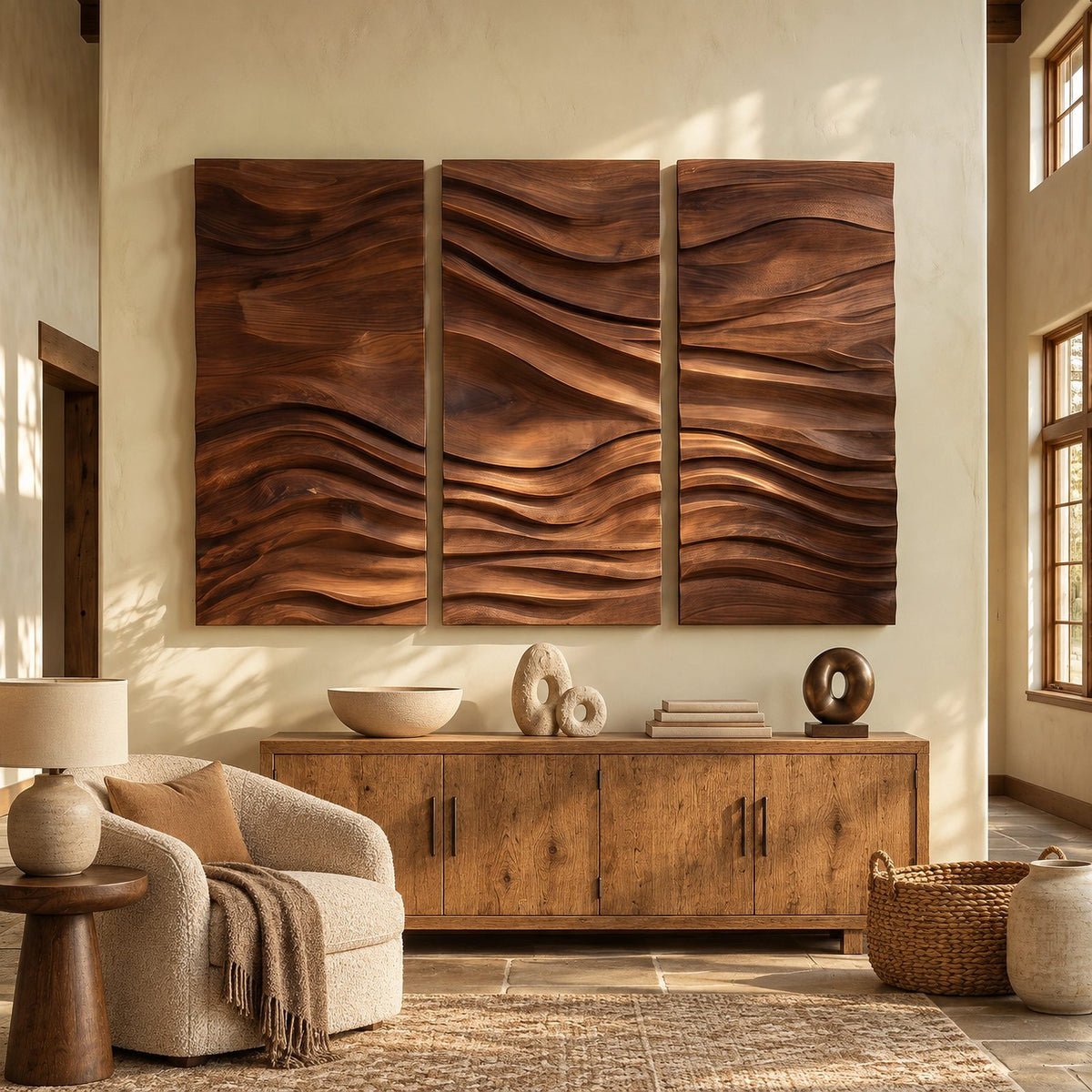 Textured Carved Wood Wall Art With 3 Wave Relief Panels For Entryway
