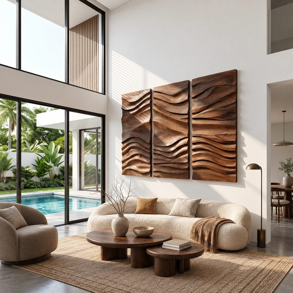 Textured Carved Wood Wall Art With 3 Wave Relief Panels For Entryway