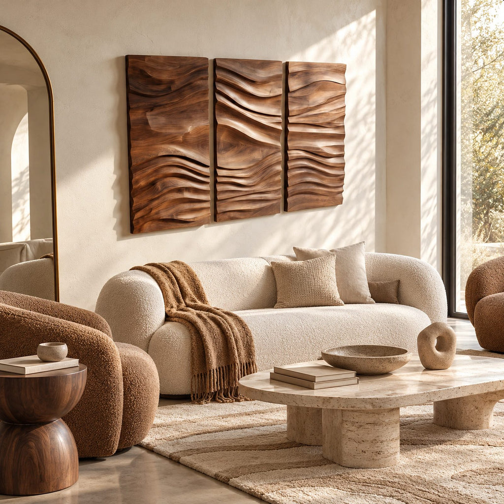 Textured Carved Wood Wall Art With 3 Wave Relief Panels For Entryway