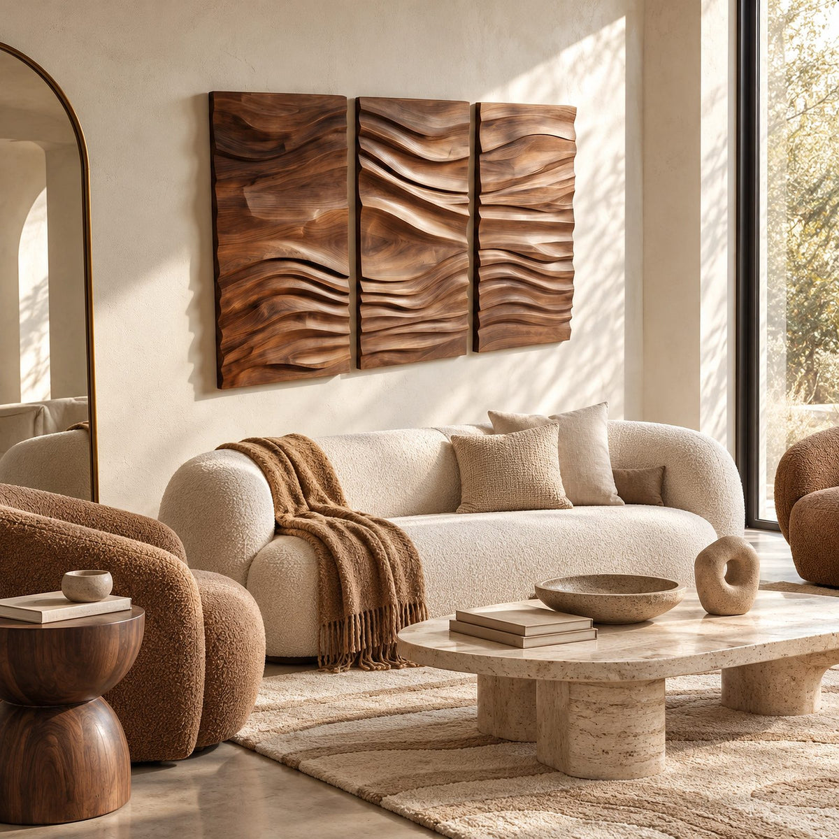 Textured Carved Wood Wall Art With 3 Wave Relief Panels For Entryway