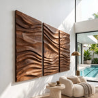 Textured Carved Wood Wall Art With 3 Wave Relief Panels For Entryway